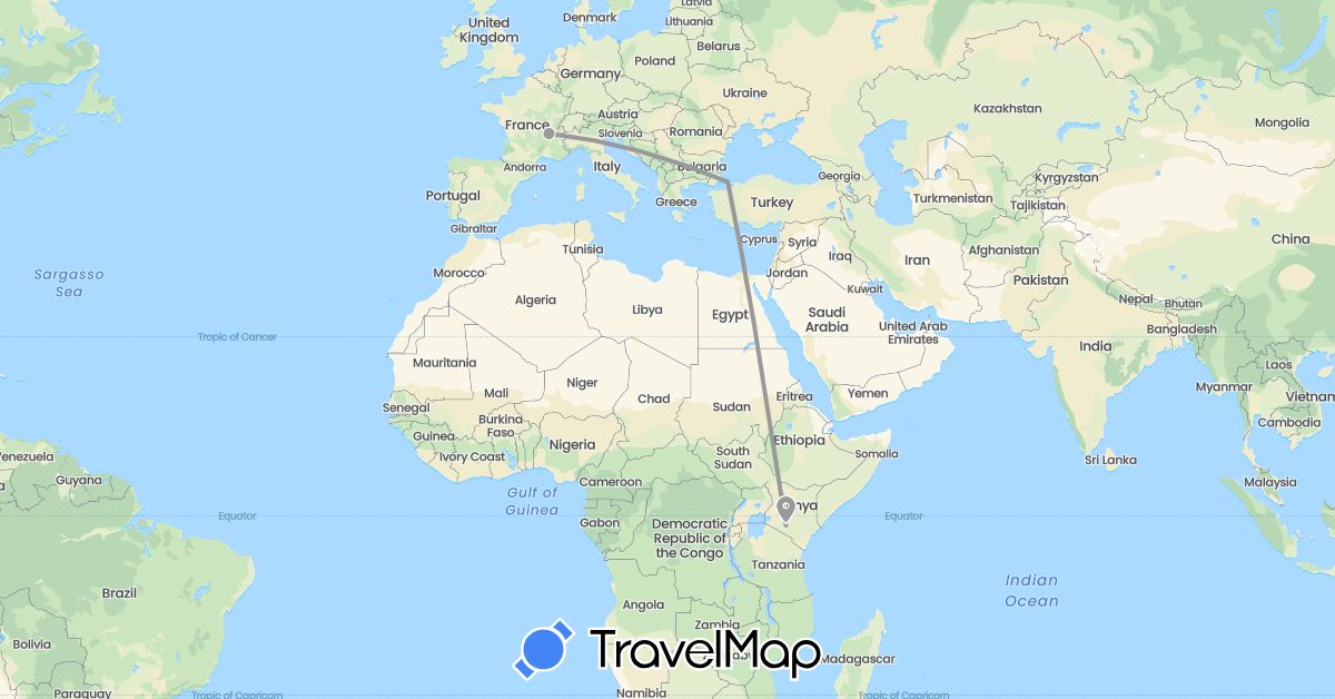 TravelMap itinerary: driving, plane in France, Kenya, Turkey (Africa, Asia, Europe)